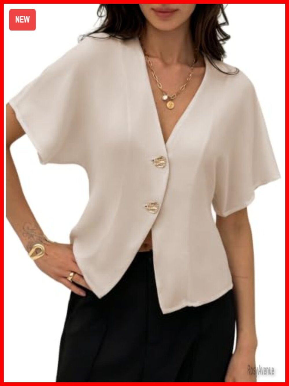 Women's Business Casual V-Neck Blouse with Gold Button Flutter Sleeve